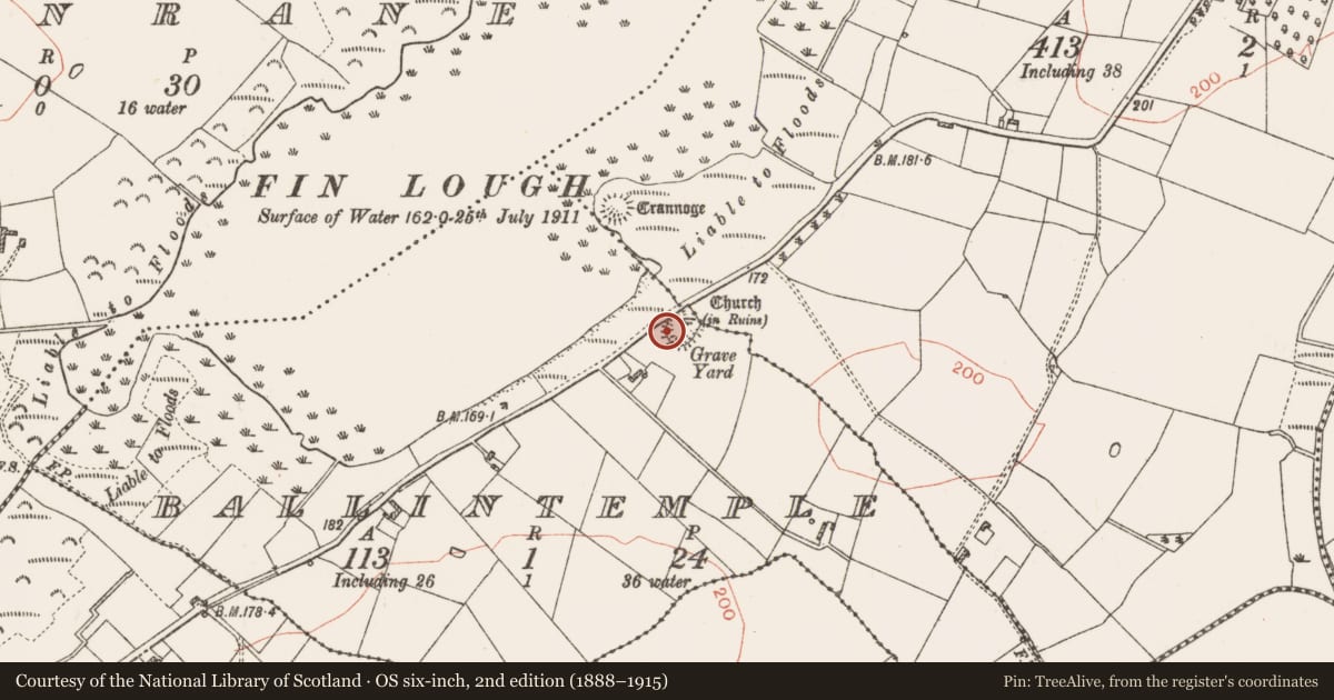 Ordnance Survey six-inch map, 2nd edition (1888–1915) covering the location of Cross - Churchyard cross, Ballintemple, County Roscommon, with a pin at the register's coordinates