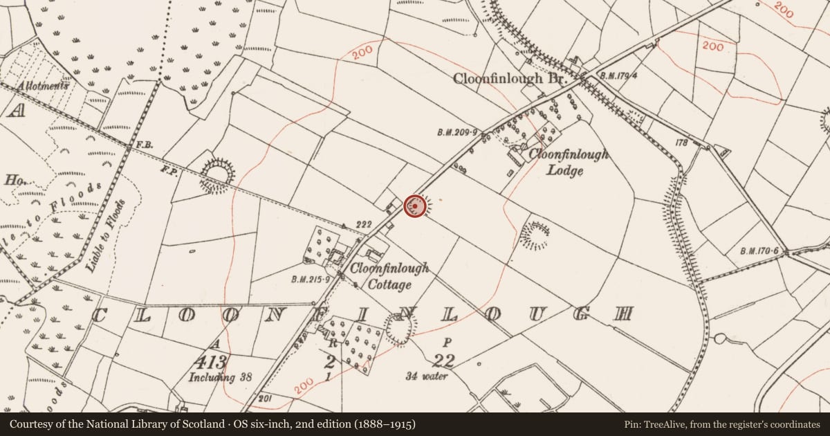 Ordnance Survey six-inch map, 2nd edition (1888–1915) covering the location of Ringfort - rath, Cloonfinlough, County Roscommon, with a pin at the register's coordinates