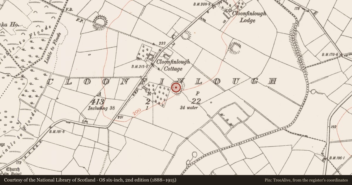 Ordnance Survey six-inch map, 2nd edition (1888–1915) covering the location of Ringfort - rath, Cloonfinlough, County Roscommon, with a pin at the register's coordinates