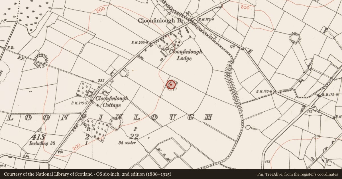 Ordnance Survey six-inch map, 2nd edition (1888–1915) covering the location of Ringfort - rath, Cloonfinlough, County Roscommon, with a pin at the register's coordinates