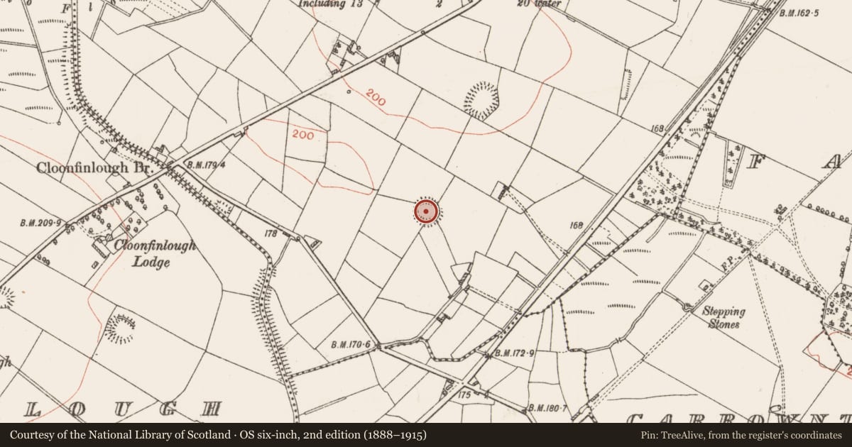 Ordnance Survey six-inch map, 2nd edition (1888–1915) covering the location of Ringfort - rath, Cloonslanor, County Roscommon, with a pin at the register's coordinates