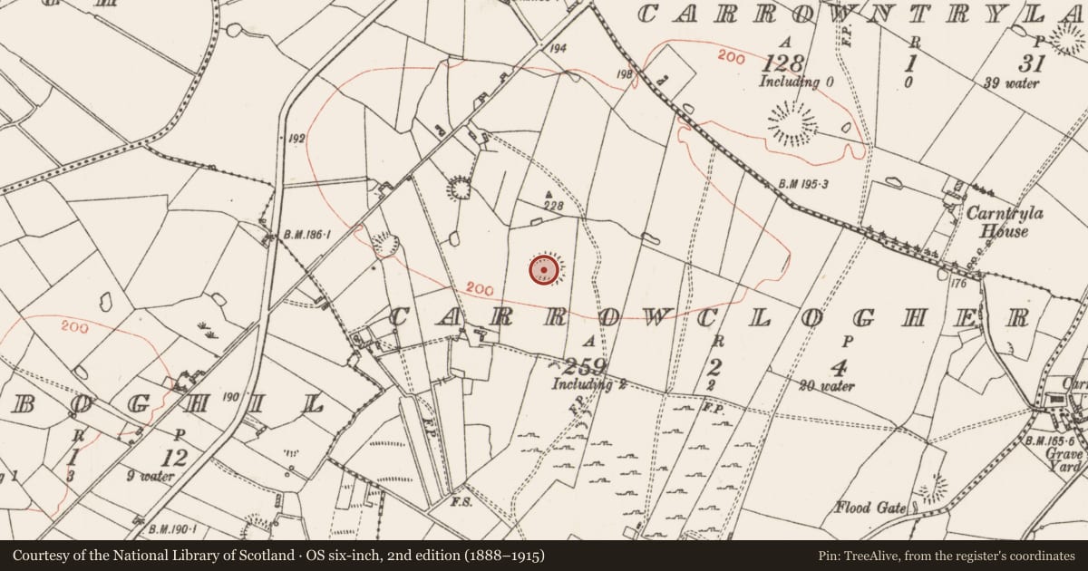 Ordnance Survey six-inch map, 2nd edition (1888–1915) covering the location of Ringfort - rath, Carrowclogher, County Roscommon, with a pin at the register's coordinates