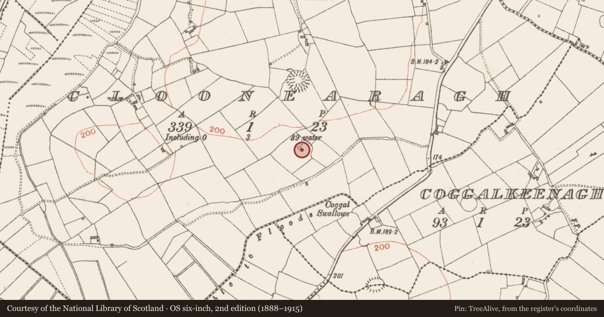 Ordnance Survey six-inch map, 2nd edition (1888–1915) covering the location of Ringfort - rath, Cloonearagh, County Roscommon, with a pin at the register's coordinates