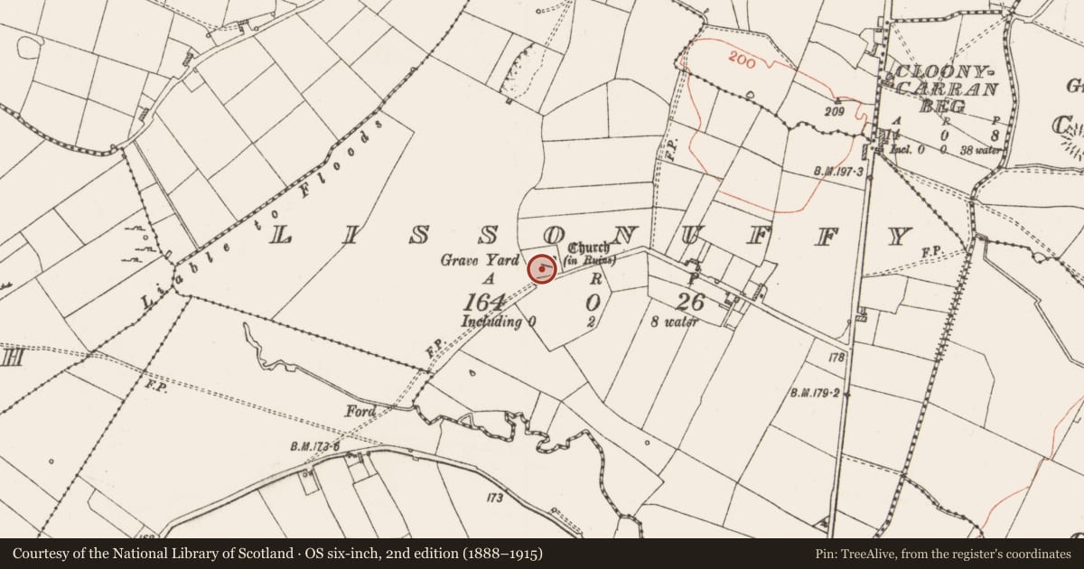 Ordnance Survey six-inch map, 2nd edition (1888–1915) covering the location of Bullaun stone, Lissonuffy, County Roscommon, with a pin at the register's coordinates