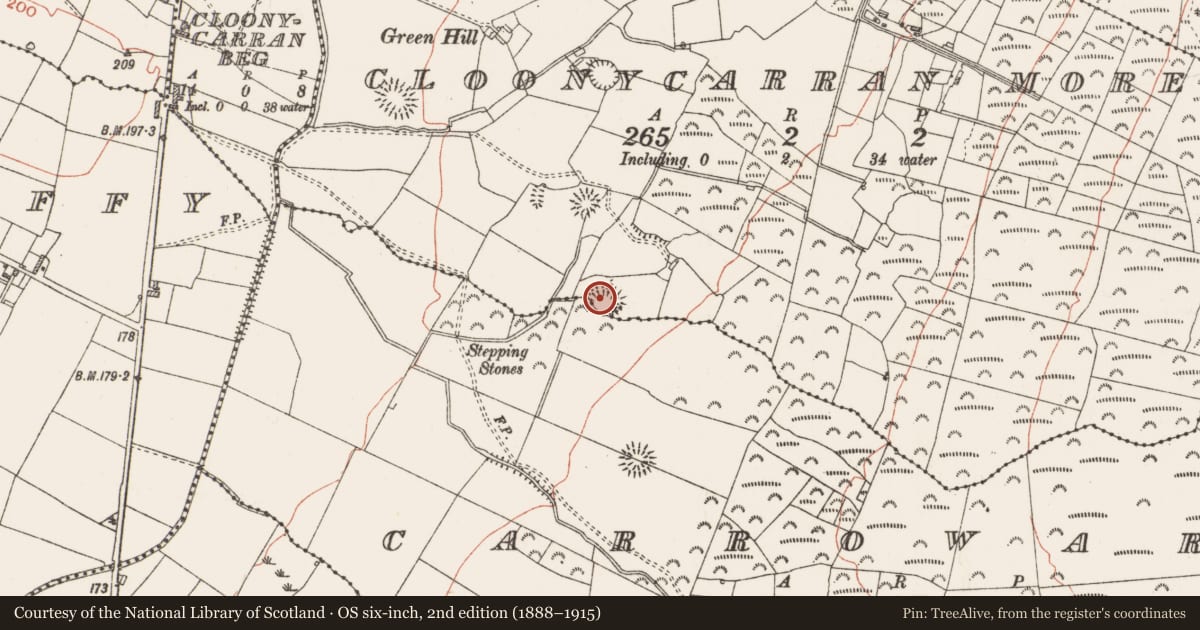 Ordnance Survey six-inch map, 2nd edition (1888–1915) covering the location of Ringfort - rath, Carroward, Cloonycarran More, County Roscommon, with a pin at the register's coordinates