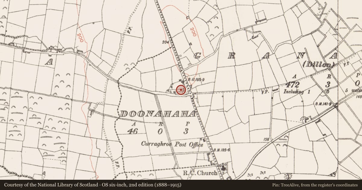 Ordnance Survey six-inch map, 2nd edition (1888–1915) covering the location of Church, Doonahaha, County Roscommon, with a pin at the register's coordinates
