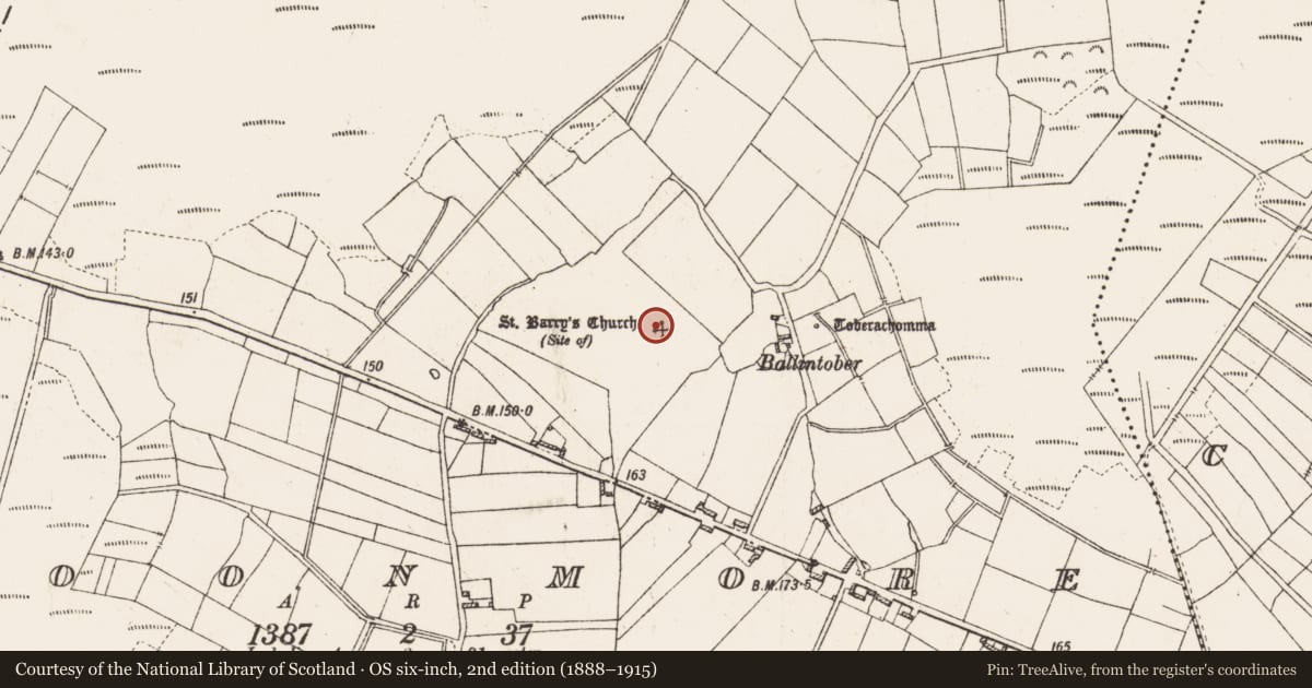 Ordnance Survey six-inch map, 2nd edition (1888–1915) covering the location of Church, Cloonmore, County Roscommon, with a pin at the register's coordinates