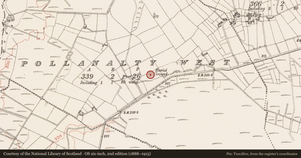 Ordnance Survey six-inch map, 2nd edition (1888–1915) covering the location of Children's burial ground, Pollanalty West, County Roscommon, with a pin at the register's coordinates