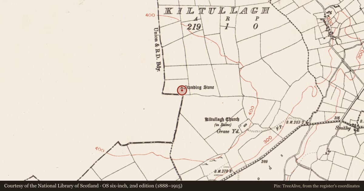 Ordnance Survey six-inch map, 2nd edition (1888–1915) covering the location of Barrow - ring-barrow, Kiltullagh, County Roscommon, with a pin at the register's coordinates