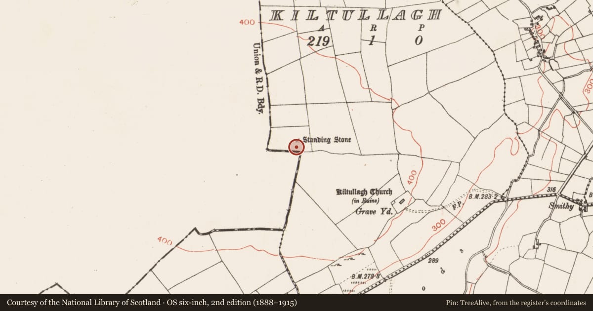 Ordnance Survey six-inch map, 2nd edition (1888–1915) covering the location of Burial, Kiltullagh, County Roscommon, with a pin at the register's coordinates