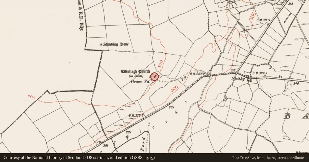 Ordnance Survey six-inch map, 2nd edition (1888–1915) covering the location of Church, Kiltullagh, County Roscommon, with a pin at the register's coordinates