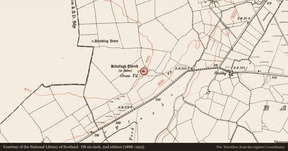 Ordnance Survey six-inch map, 2nd edition (1888–1915) covering the location of Graveyard, Kiltullagh, County Roscommon, with a pin at the register's coordinates
