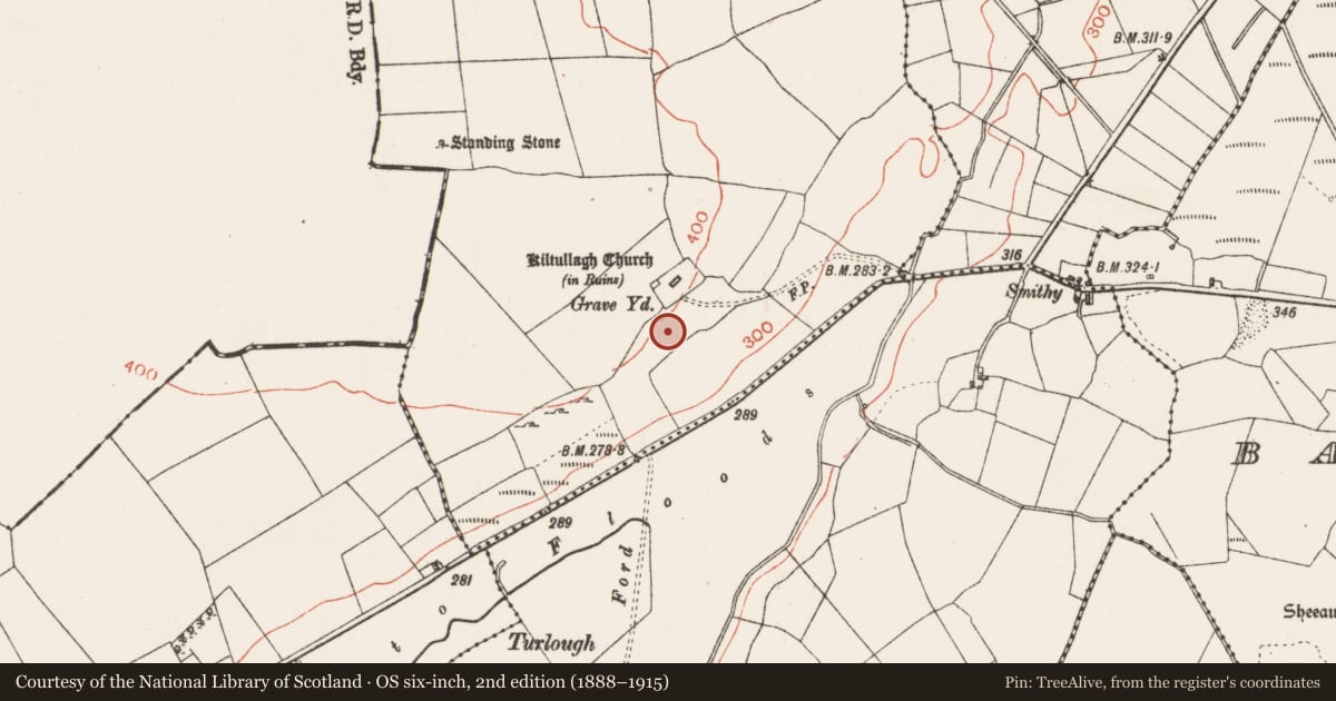 Ordnance Survey six-inch map, 2nd edition (1888–1915) covering the location of Field system, Kiltullagh, County Roscommon, with a pin at the register's coordinates