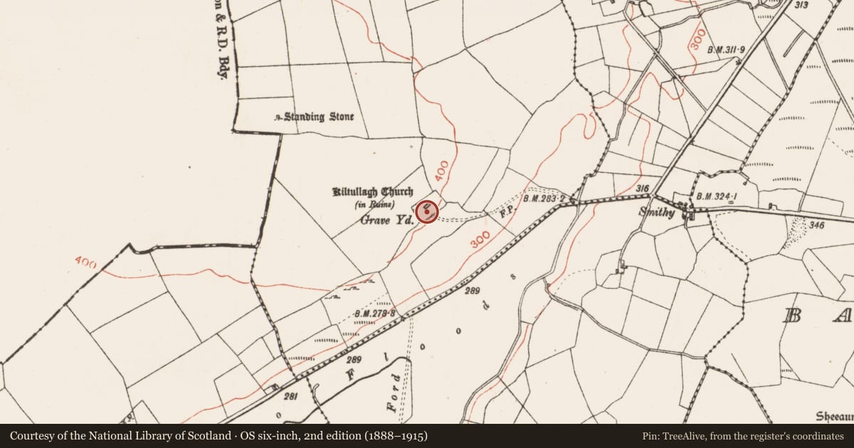 Ordnance Survey six-inch map, 2nd edition (1888–1915) covering the location of Cursing stone, Kiltullagh, County Roscommon, with a pin at the register's coordinates
