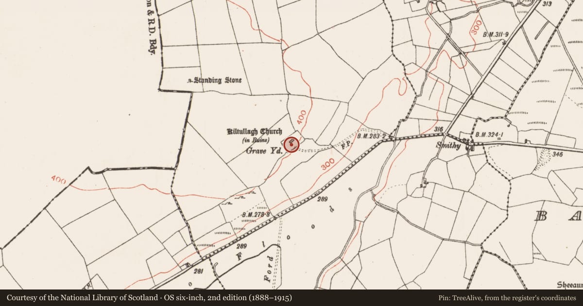 Ordnance Survey six-inch map, 2nd edition (1888–1915) covering the location of Cursing stone, Kiltullagh, County Roscommon, with a pin at the register's coordinates