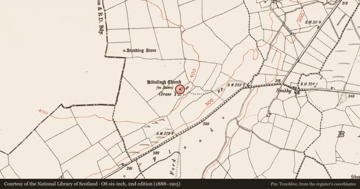 Ordnance Survey six-inch map, 2nd edition (1888–1915) covering the location of Building, Kiltullagh, County Roscommon, with a pin at the register's coordinates