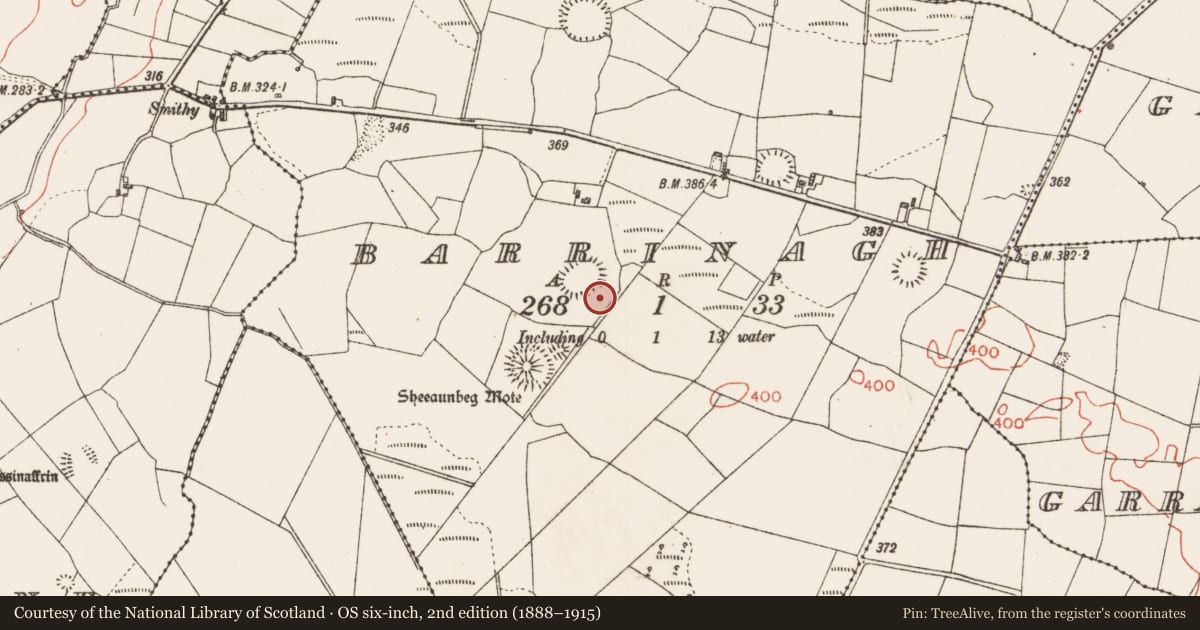 Ordnance Survey six-inch map, 2nd edition (1888–1915) covering the location of Ringfort - rath, Barrinagh, County Roscommon, with a pin at the register's coordinates