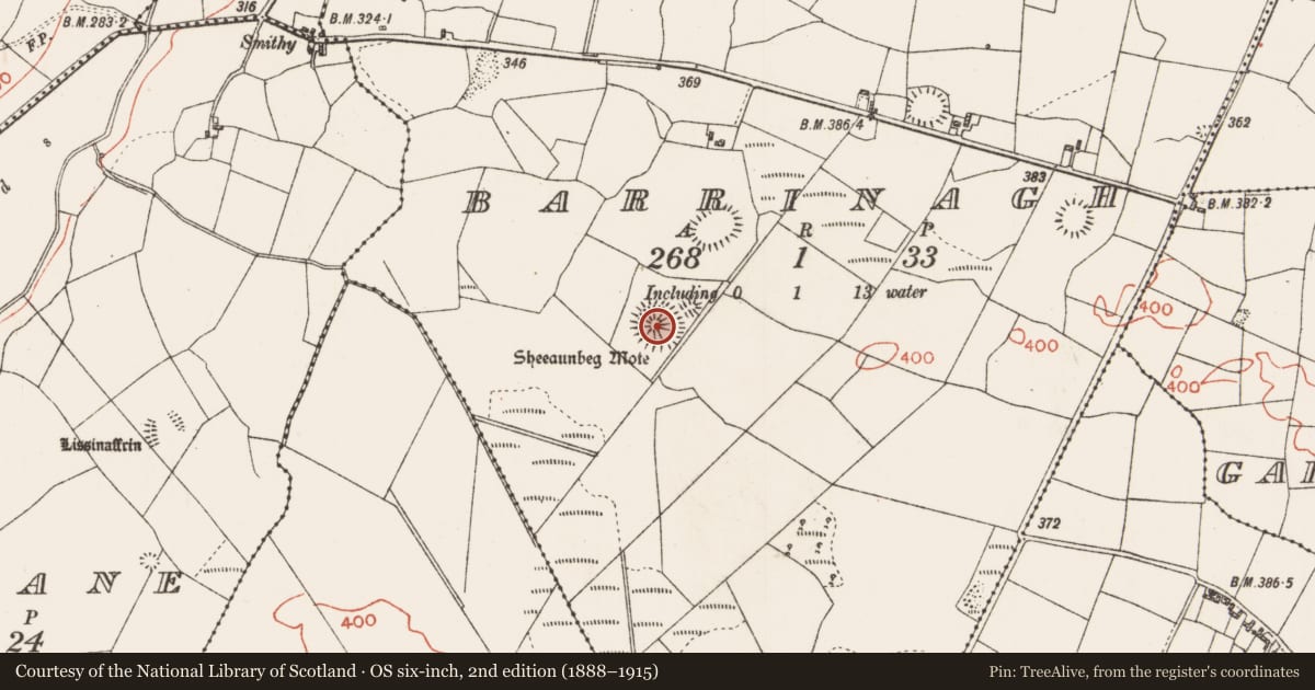 Ordnance Survey six-inch map, 2nd edition (1888–1915) covering the location of Barrow - bowl-barrow, Barrinagh, County Roscommon, with a pin at the register's coordinates