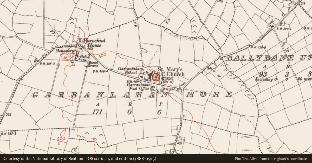 Ordnance Survey six-inch map, 2nd edition (1888–1915) covering the location of Graveyard, Garranlahan More, County Roscommon, with a pin at the register's coordinates