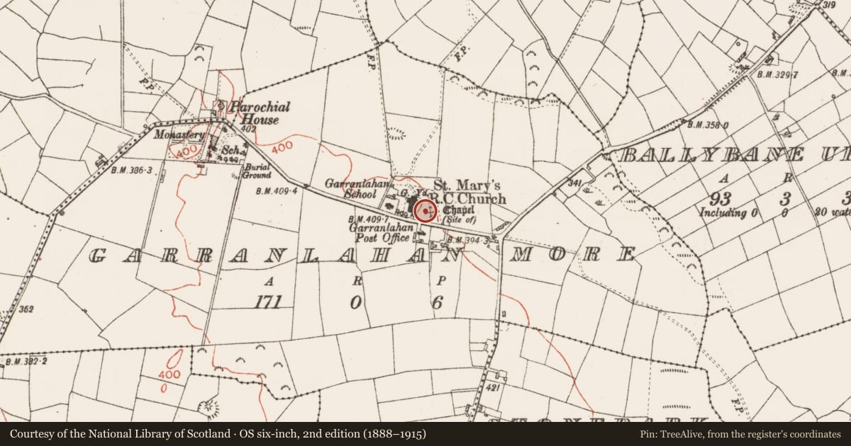 Ordnance Survey six-inch map, 2nd edition (1888–1915) covering the location of Mound, Garranlahan More, County Roscommon, with a pin at the register's coordinates
