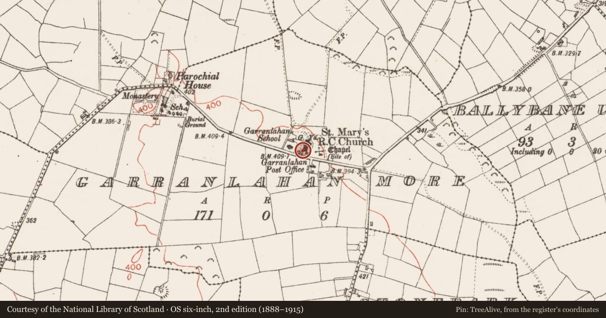 Ordnance Survey six-inch map, 2nd edition (1888–1915) covering the location of Bullaun stone (present location), Garranlahan More, County Roscommon, with a pin at the register's coordinates