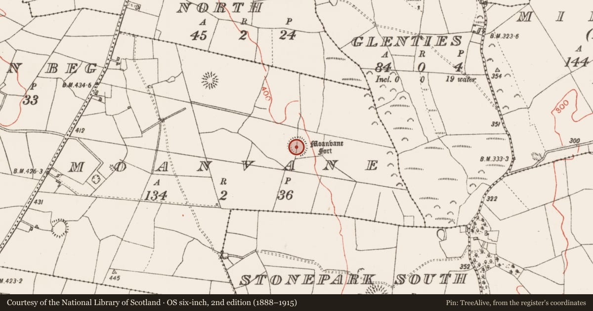 Ordnance Survey six-inch map, 2nd edition (1888–1915) covering the location of Ringfort - rath, Moanvane, County Roscommon, with a pin at the register's coordinates