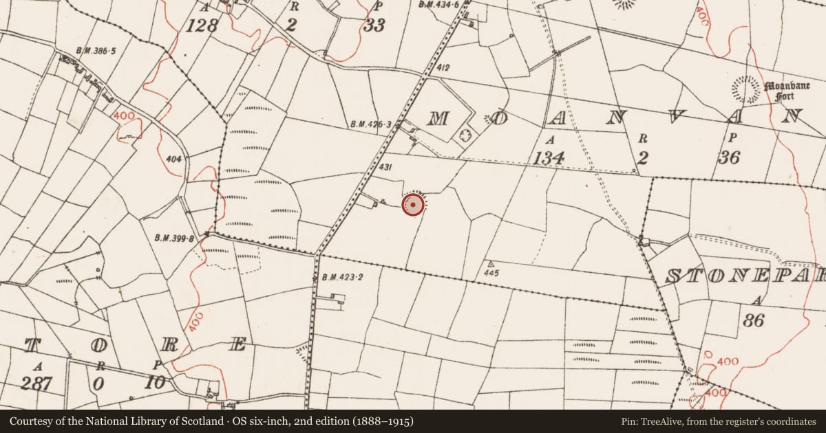 Ordnance Survey six-inch map, 2nd edition (1888–1915) covering the location of Ringfort - rath, Moanvane, County Roscommon, with a pin at the register's coordinates