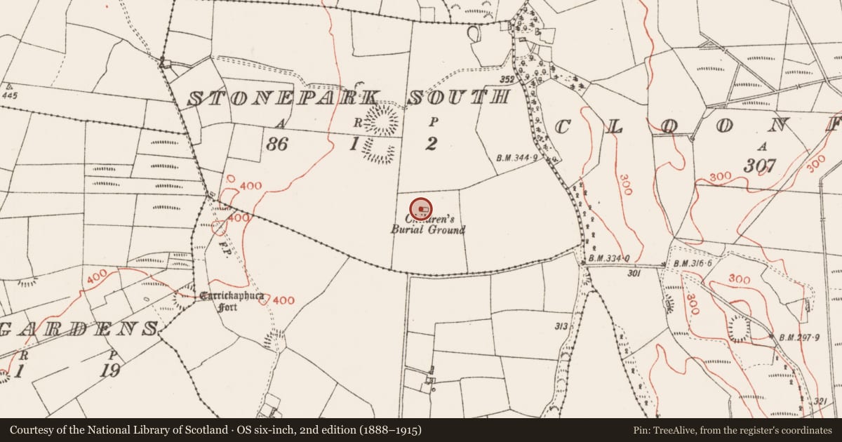 Ordnance Survey six-inch map, 2nd edition (1888–1915) covering the location of Church, Stonepark South, County Roscommon, with a pin at the register's coordinates