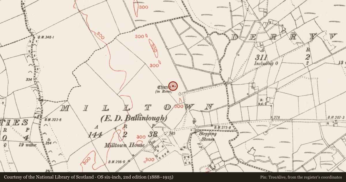 Ordnance Survey six-inch map, 2nd edition (1888–1915) covering the location of Church, Milltown, County Roscommon, with a pin at the register's coordinates
