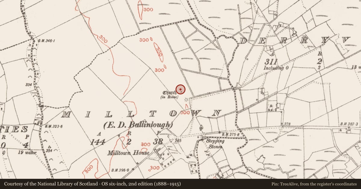 Ordnance Survey six-inch map, 2nd edition (1888–1915) covering the location of Earthwork, Milltown, County Roscommon, with a pin at the register's coordinates