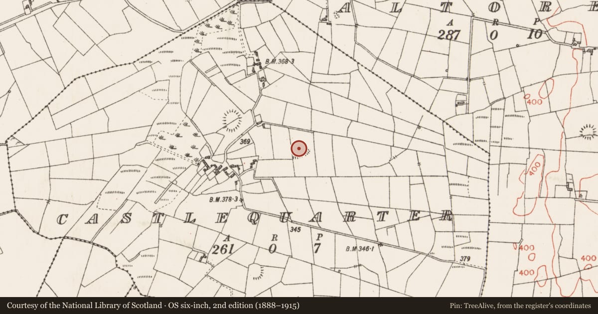 Ordnance Survey six-inch map, 2nd edition (1888–1915) covering the location of Ringfort - rath, Castlequarter, County Roscommon, with a pin at the register's coordinates