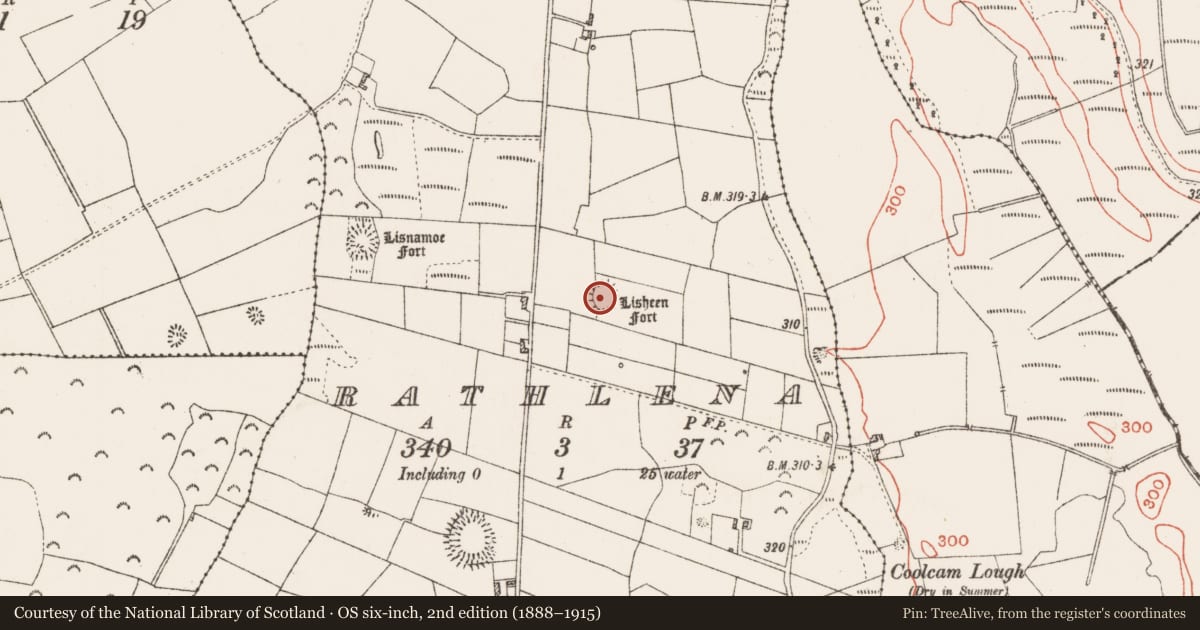 Ordnance Survey six-inch map, 2nd edition (1888–1915) covering the location of Ringfort - rath, Rathlena, County Roscommon, with a pin at the register's coordinates