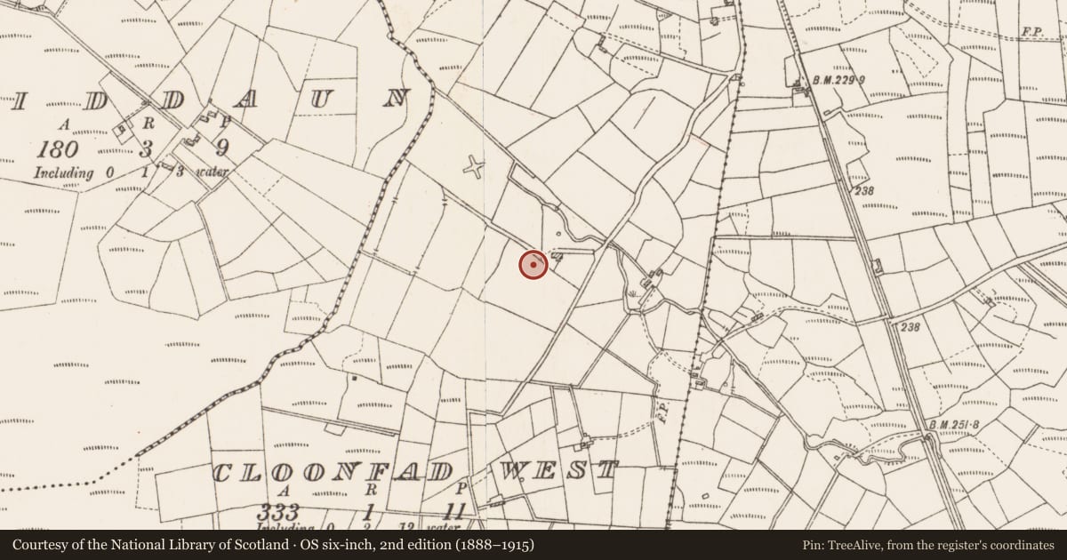 Ordnance Survey six-inch map, 2nd edition (1888–1915) covering the location of Earthwork, Cloonfad West, County Roscommon, with a pin at the register's coordinates