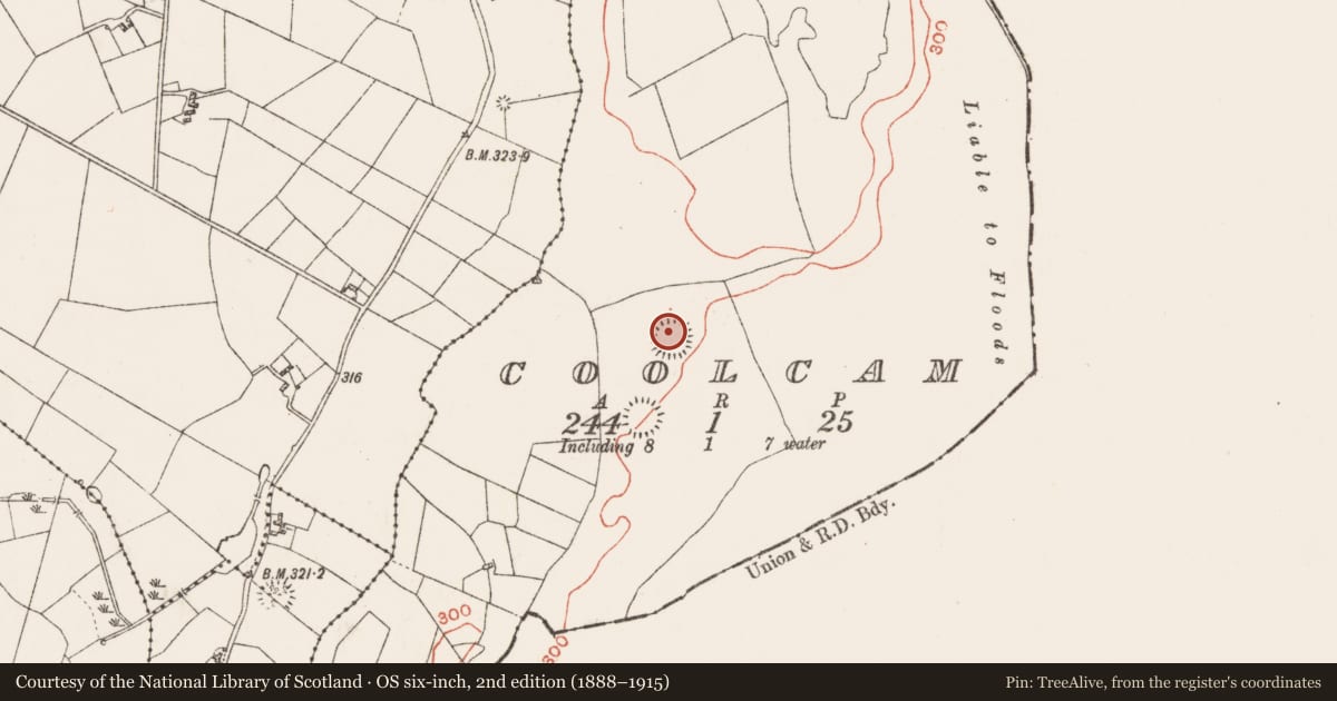 Ordnance Survey six-inch map, 2nd edition (1888–1915) covering the location of Souterrain, Coolcam, County Roscommon, with a pin at the register's coordinates
