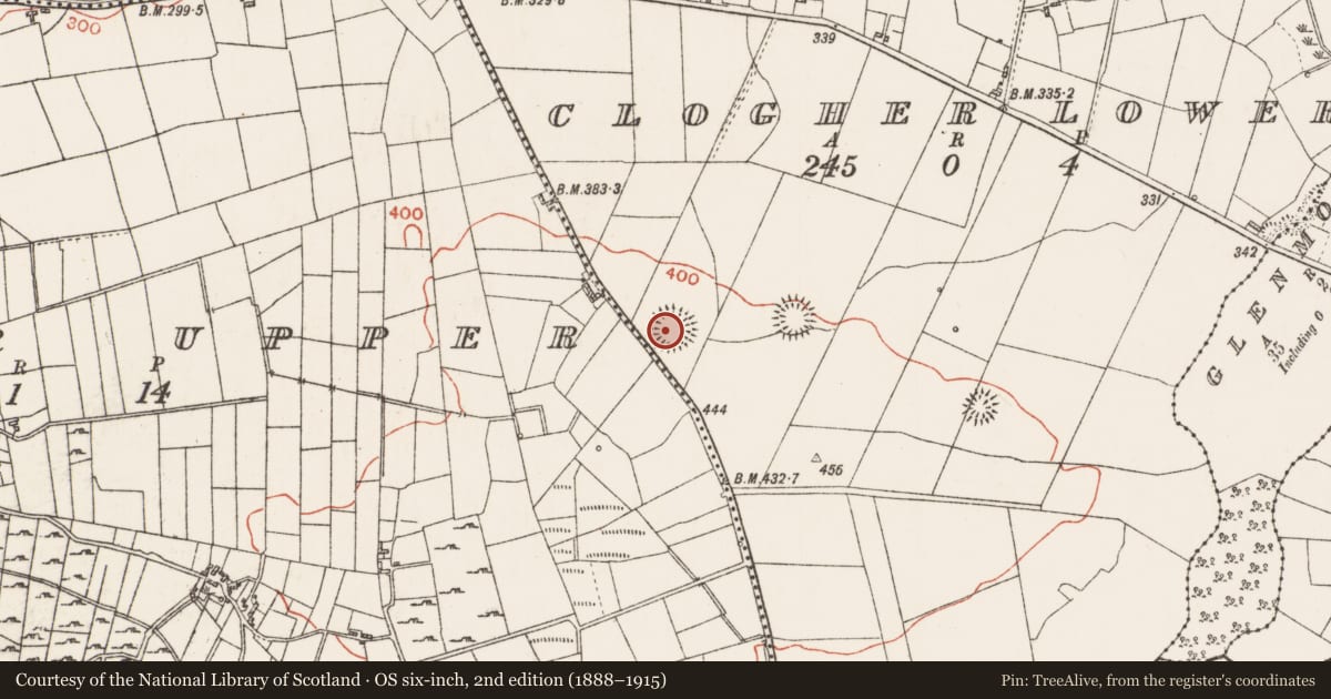 Ordnance Survey six-inch map, 2nd edition (1888–1915) covering the location of Ringfort - rath, Clogher Lower, County Roscommon, with a pin at the register's coordinates