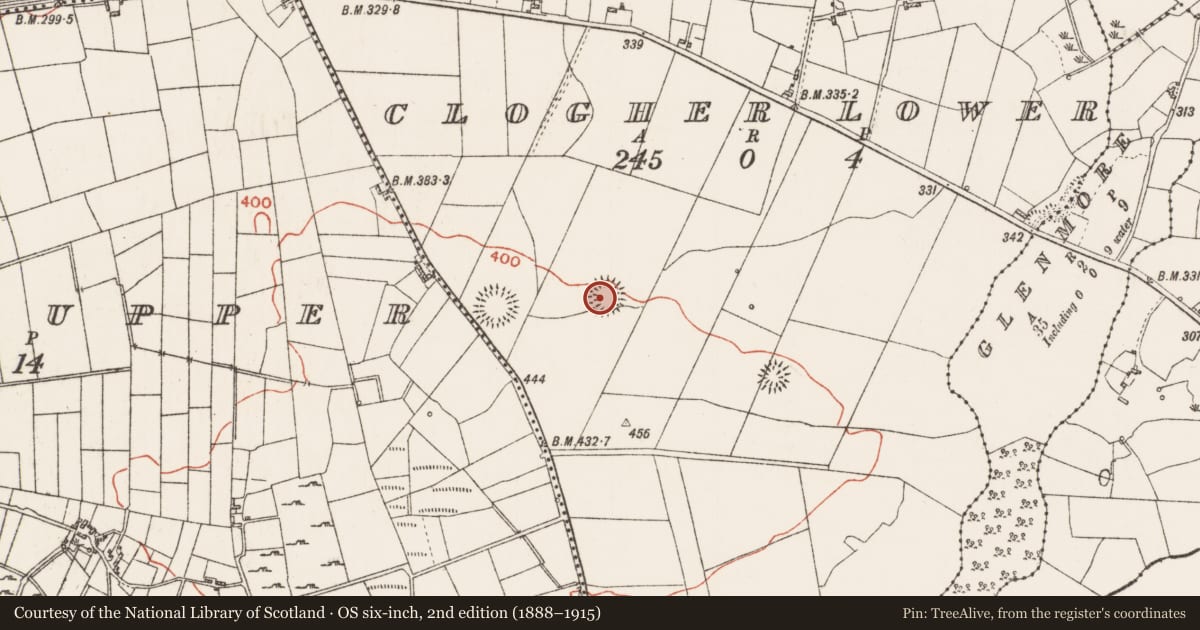 Ordnance Survey six-inch map, 2nd edition (1888–1915) covering the location of Ringfort - rath, Clogher Lower, County Roscommon, with a pin at the register's coordinates