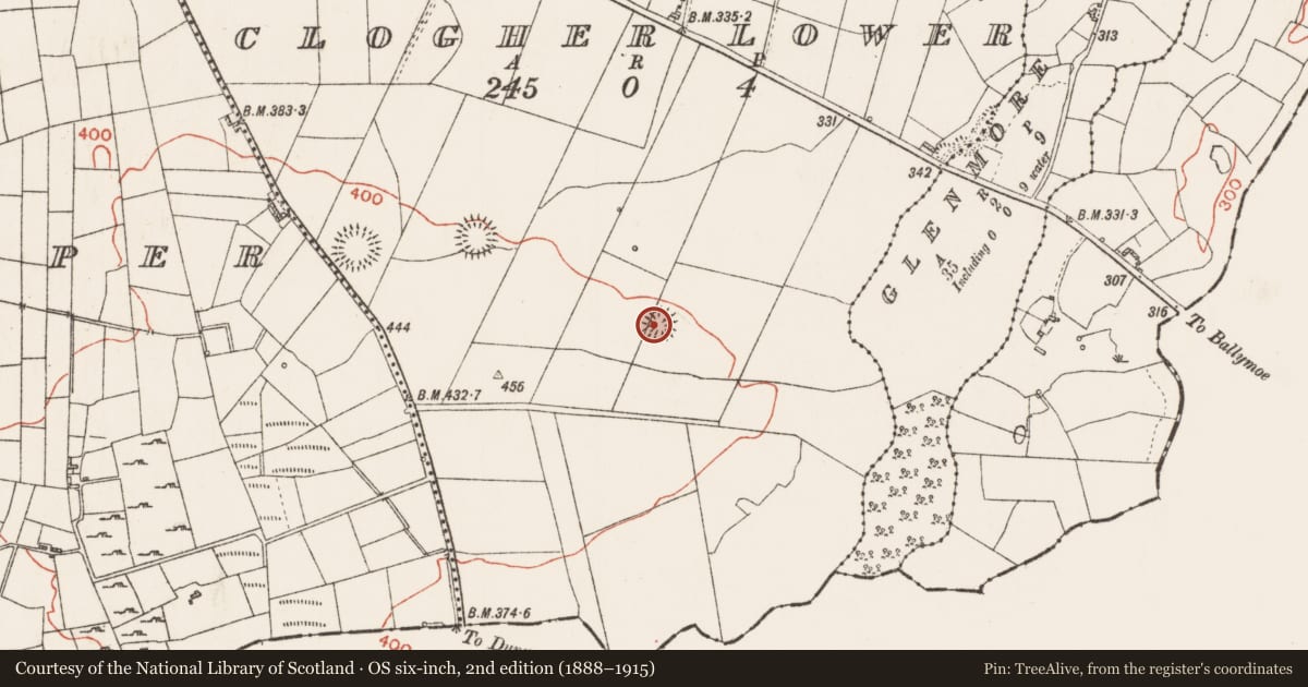 Ordnance Survey six-inch map, 2nd edition (1888–1915) covering the location of Ringfort - rath, Clogher Lower, County Roscommon, with a pin at the register's coordinates