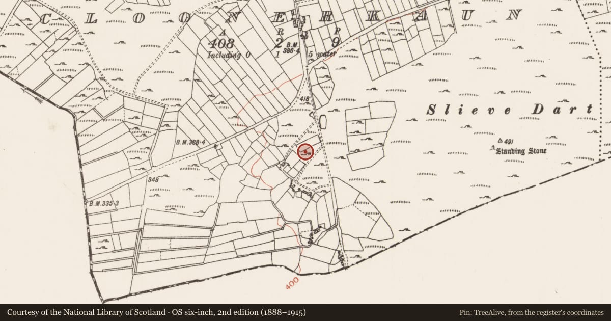 Ordnance Survey six-inch map, 2nd edition (1888–1915) covering the location of Burnt mound, Cloonerkaun, County Roscommon, with a pin at the register's coordinates