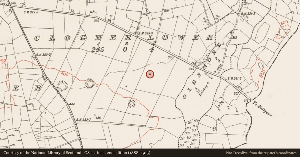 Ordnance Survey six-inch map, 2nd edition (1888–1915) covering the location of Enclosure, Clogher Lower, County Roscommon, with a pin at the register's coordinates