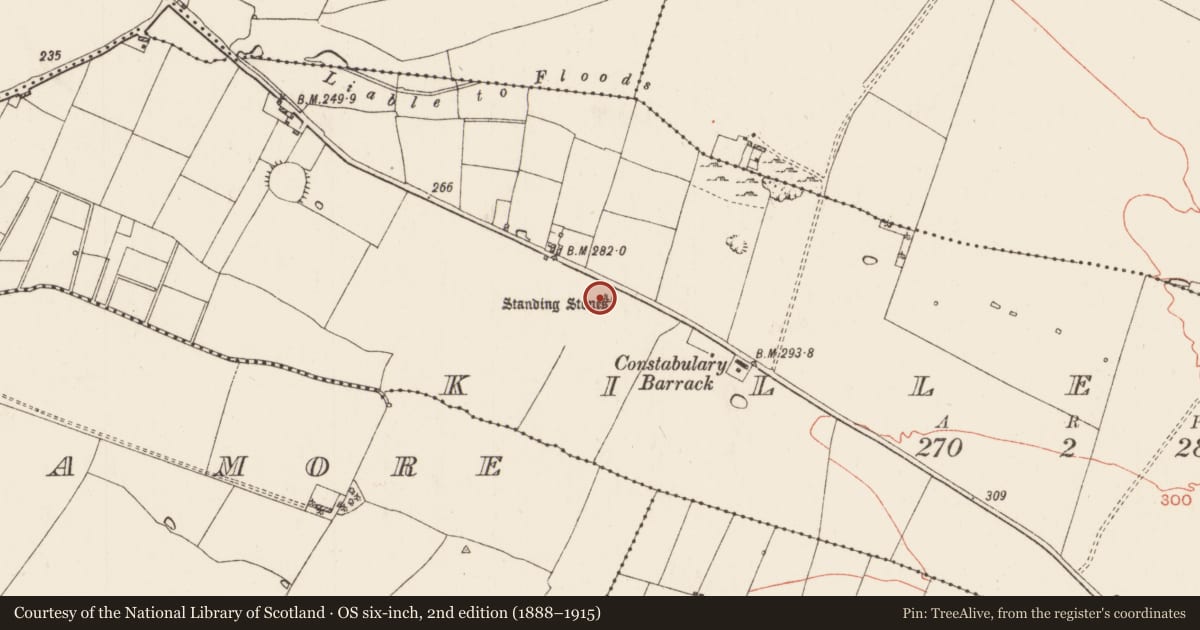 Ordnance Survey six-inch map, 2nd edition (1888–1915) covering the location of Standing stone, Killerr, County Roscommon, with a pin at the register's coordinates