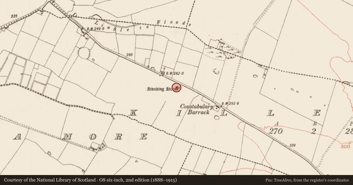 Ordnance Survey six-inch map, 2nd edition (1888–1915) covering the location of Standing stone, Killerr, County Roscommon, with a pin at the register's coordinates