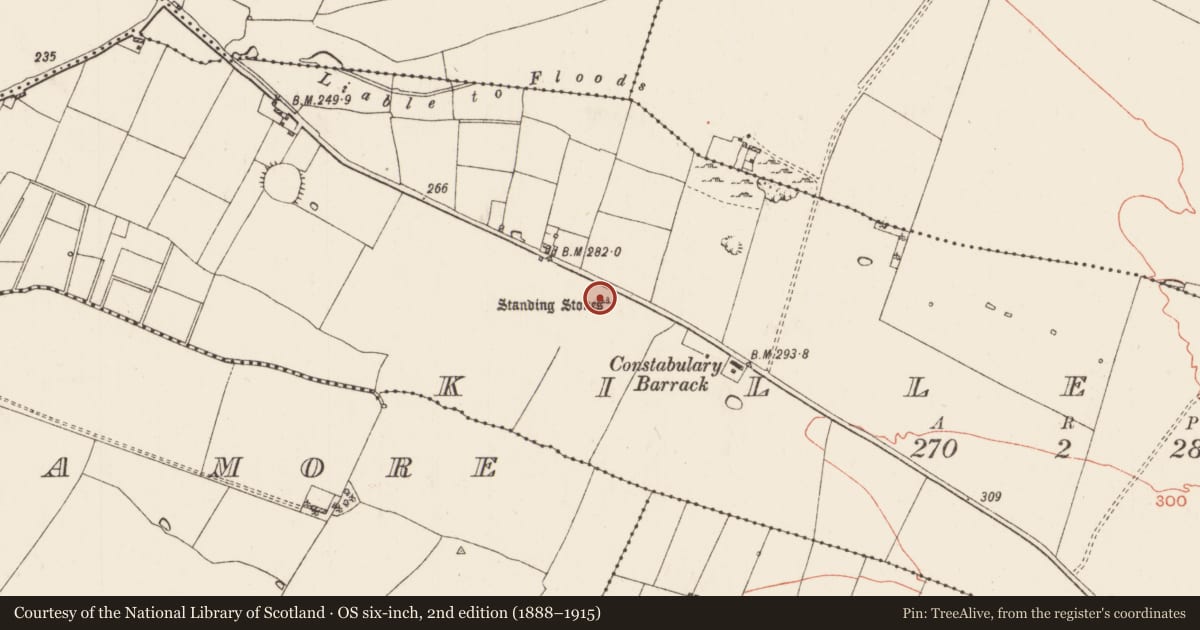 Ordnance Survey six-inch map, 2nd edition (1888–1915) covering the location of Standing stone, Killerr, County Roscommon, with a pin at the register's coordinates