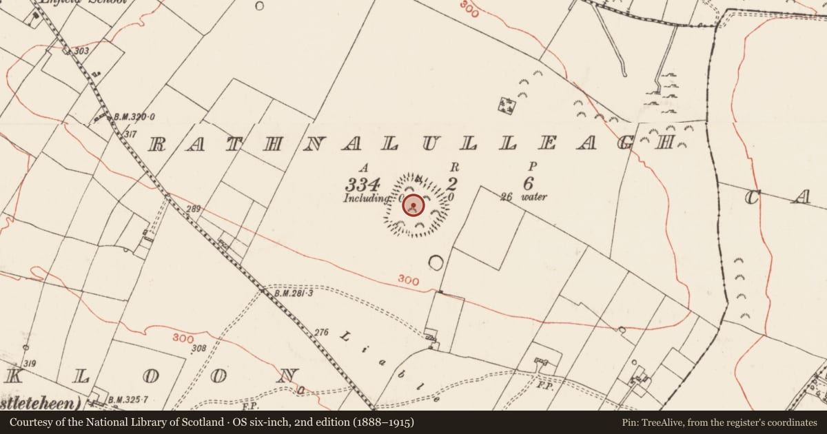 Ordnance Survey six-inch map, 2nd edition (1888–1915) covering the location of Hilltop enclosure, Rathnalulleagh, County Roscommon, with a pin at the register's coordinates