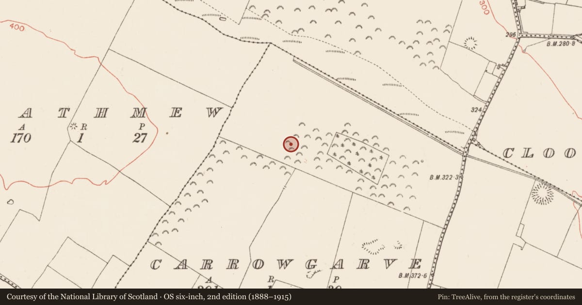 Ordnance Survey six-inch map, 2nd edition (1888–1915) covering the location of Enclosure, Carrowgarve, County Roscommon, with a pin at the register's coordinates