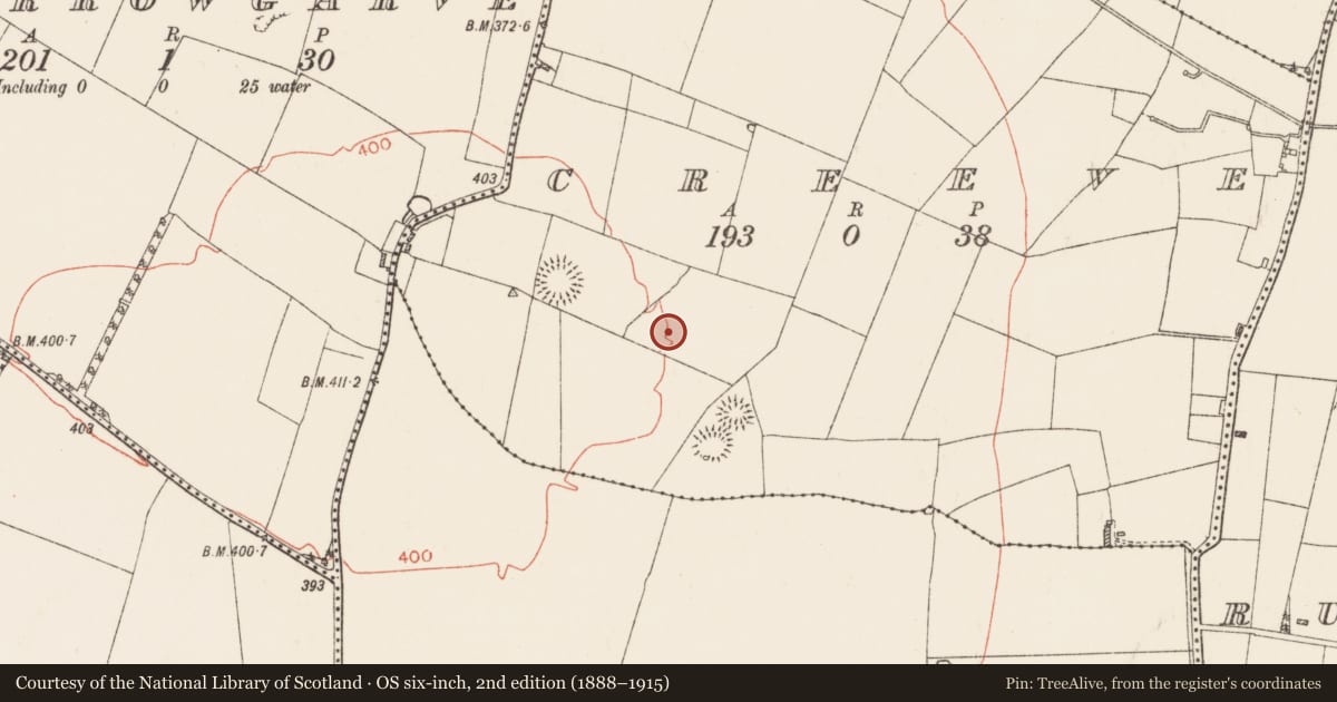Ordnance Survey six-inch map, 2nd edition (1888–1915) covering the location of Enclosure, Creeve, County Roscommon, with a pin at the register's coordinates