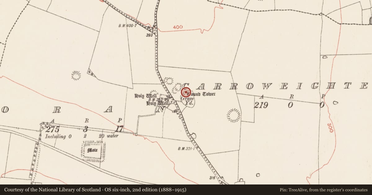 Ordnance Survey six-inch map, 2nd edition (1888–1915) covering the location of Church, Carroweighter, County Roscommon, with a pin at the register's coordinates