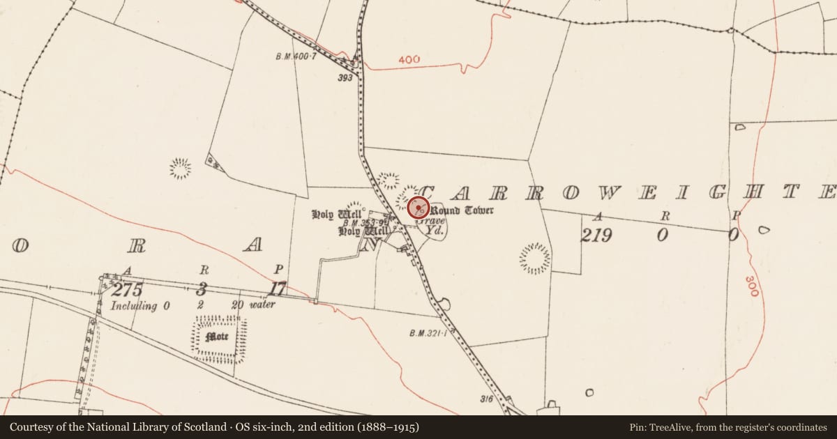 Ordnance Survey six-inch map, 2nd edition (1888–1915) covering the location of Round tower, Carroweighter, County Roscommon, with a pin at the register's coordinates
