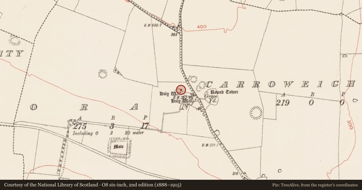 Ordnance Survey six-inch map, 2nd edition (1888–1915) covering the location of Ritual site - holy well, Oran, County Roscommon, with a pin at the register's coordinates
