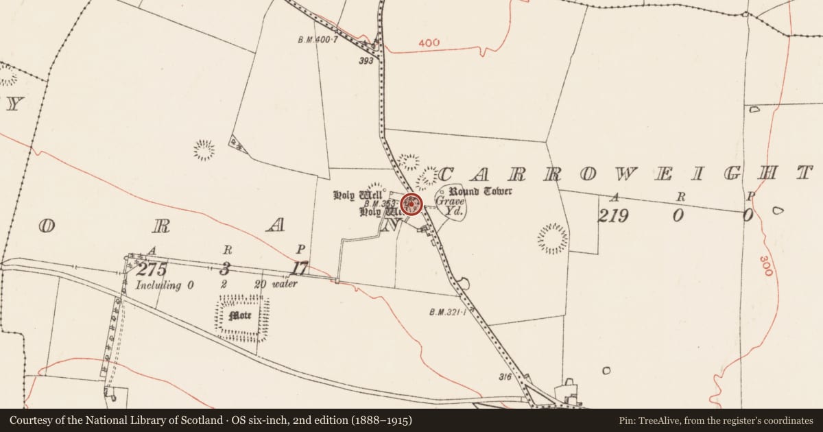 Ordnance Survey six-inch map, 2nd edition (1888–1915) covering the location of Ritual site - holy well, Oran, County Roscommon, with a pin at the register's coordinates