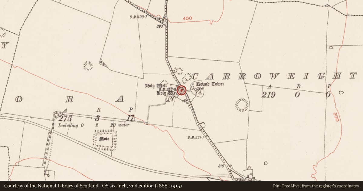 Ordnance Survey six-inch map, 2nd edition (1888–1915) covering the location of Cross, Oran, County Roscommon, with a pin at the register's coordinates